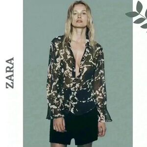 ZARA Abstract Print Sheer Blouse Black Cream Top Long Sleeve Size Medium